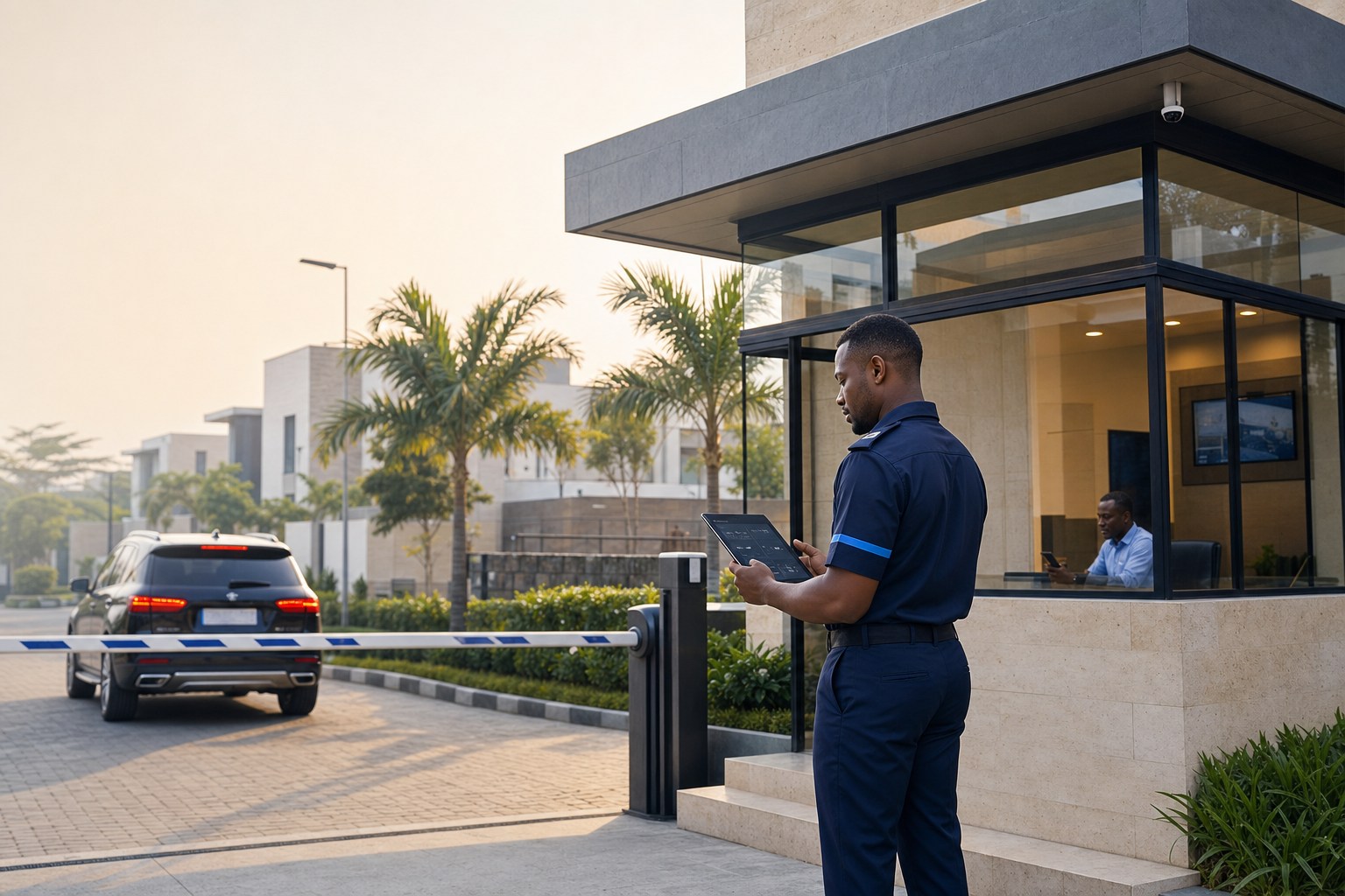 A Nigerian security professional using Limestone at a modern residential estate gate