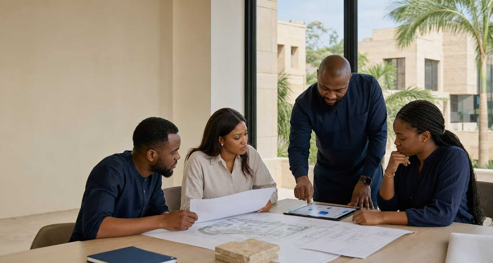 Limestone team members discussing a community deployment in their Lagos workspace