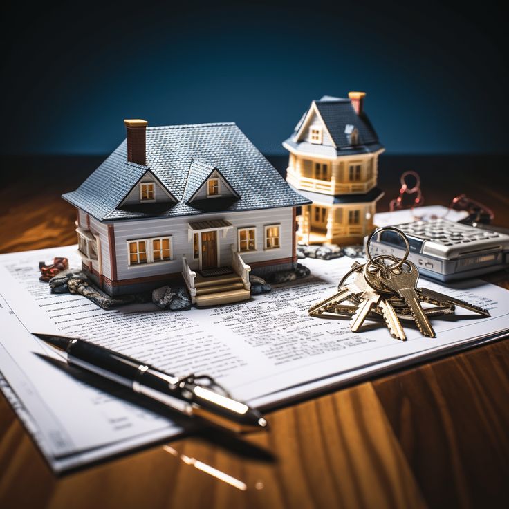 A brown table with items on top of it. These items include a bunch of keys, a pen, a calculator, a file of papers and small toy houses (think property management)