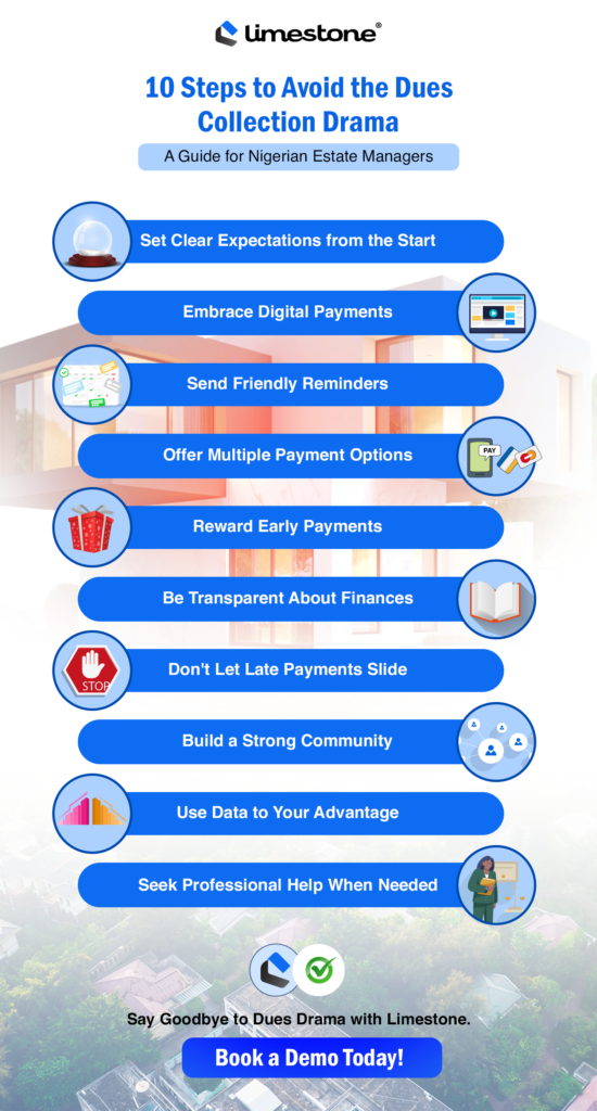 An infographic list containing 10 steps to avoiding the dues collection drama. It's an effective guide for Nigerian estate managers.